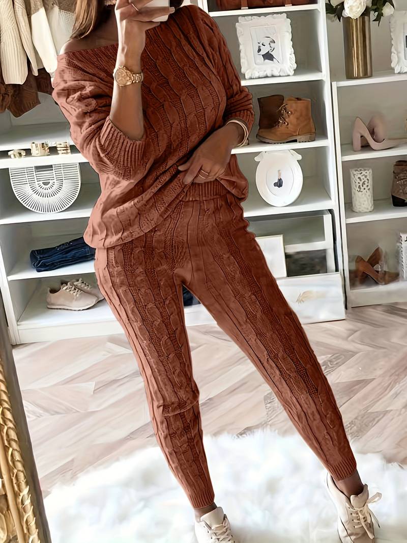 Women's Knit Sweater Set - Cable Knit - Oversized Off-Shoulder Sweater & Slim Pants