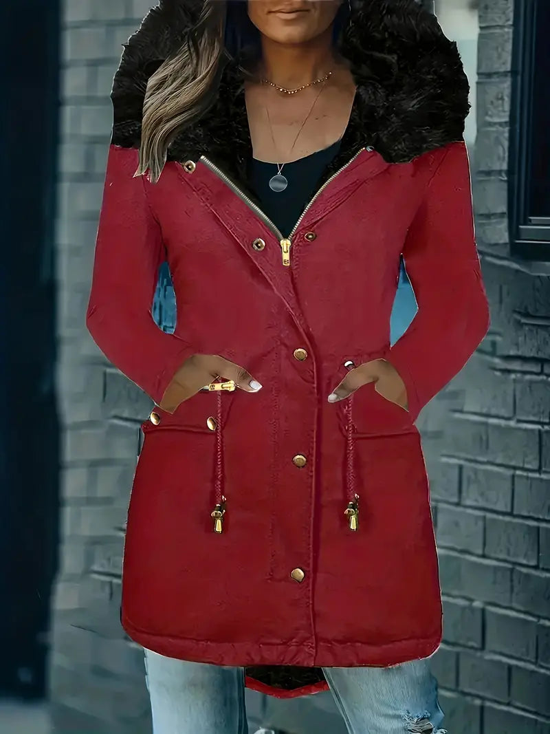 Women's winter hooded fur collar coat with front pockets