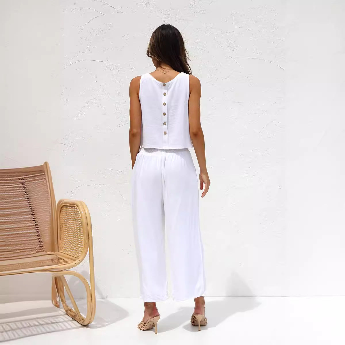Fatima - buttoned back round neck tank and wide leg pants set