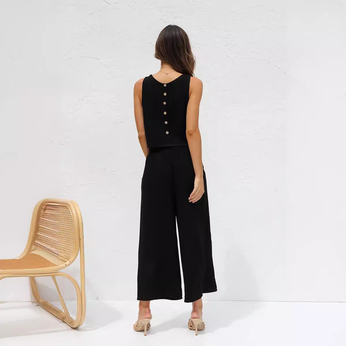 Fatima - buttoned back round neck tank and wide leg pants set