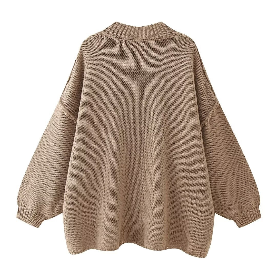 Women’s Knit Cardigan - Oversized Fit - Button-Up - Ribbed Crew Neck - Long Sleeve