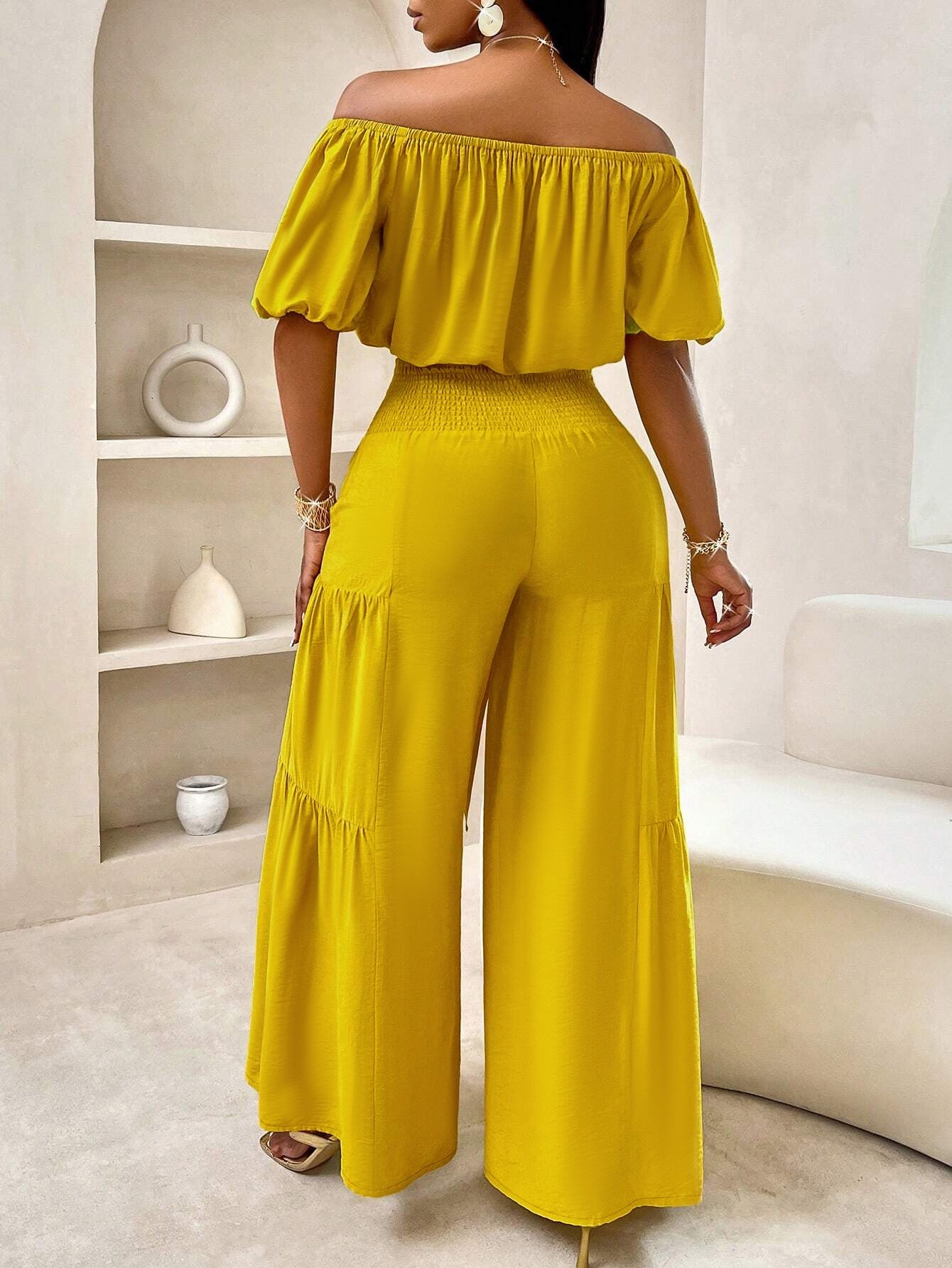 Off-shoulder puff sleeve crop top and wide-leg pants for women