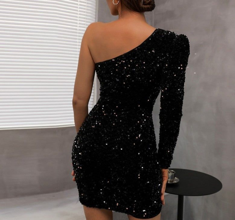 Women's One-Shoulder Sequin Mini Dress - Bodycon Fit - Elegant Party Wear