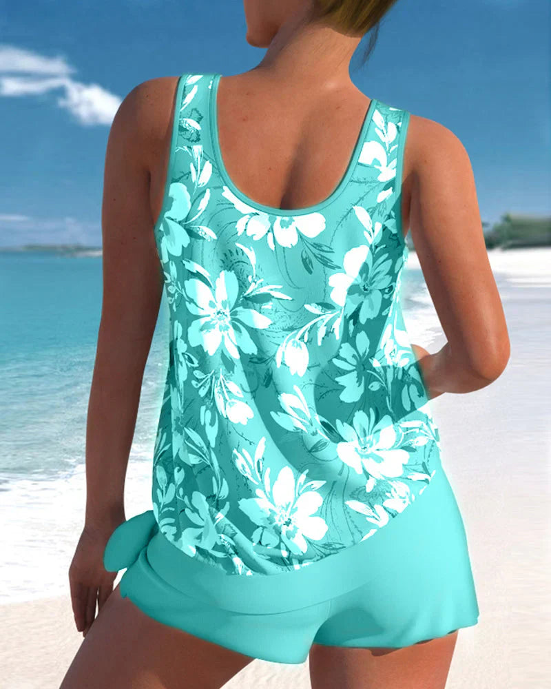 Women’s Tankini Set – Flowy Floral Top – Mid-Thigh Shorts – Relaxed Fit – Breathable Blend