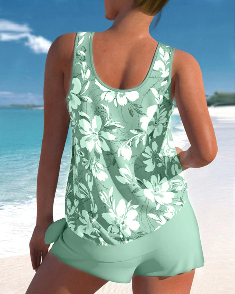 Women’s Tankini Set – Flowy Floral Top – Mid-Thigh Shorts – Relaxed Fit – Breathable Blend