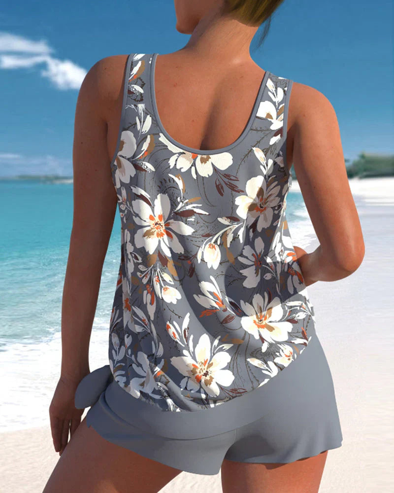 Women’s Tankini Set – Flowy Floral Top – Mid-Thigh Shorts – Relaxed Fit – Breathable Blend