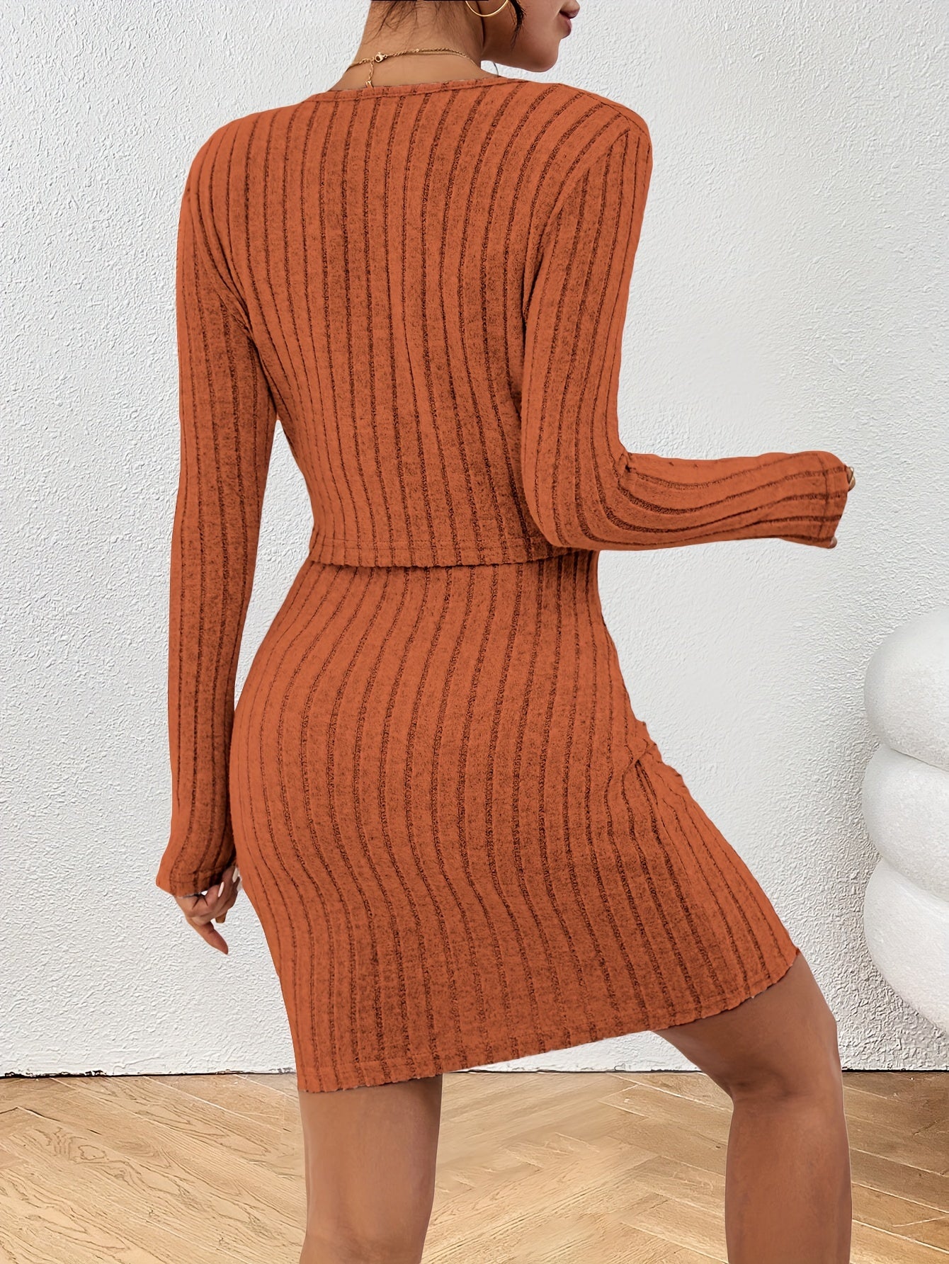 Two-piece ribbed button-up cardigan and bodycon dress set for women