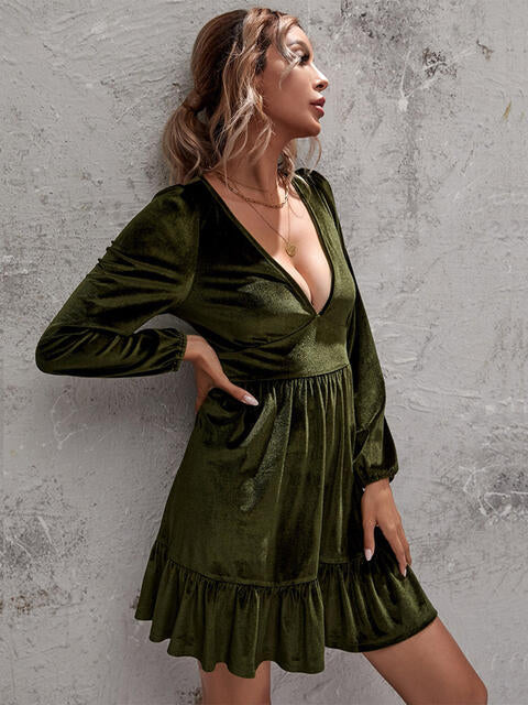 Women's Dress - Soft Luxe Fabric - Deep V-Neck - Long Balloon Sleeves - Ruffled Hem