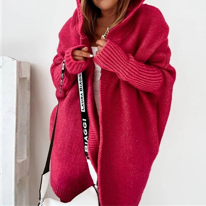 Women’s Cardigan – Oversized Fit – Knitted Wool Blend – Hooded Longline Open Front