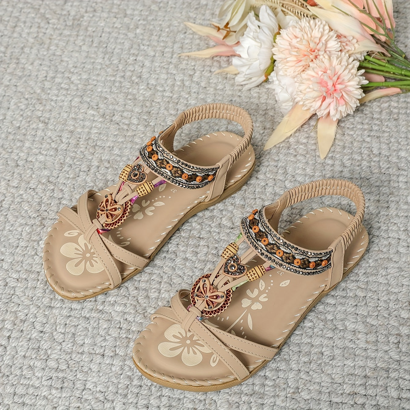 Women's Gladiator Sandals - Beaded Straps - Ankle Strap Secure Fit - Casual Wear