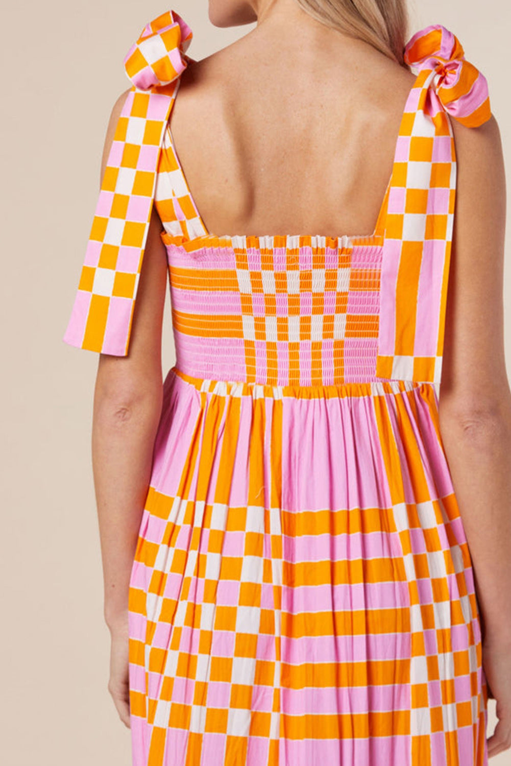 Women’s Maxi Dress – A-Line Fit – Bow Straps – Square Neck – Checkered Pattern