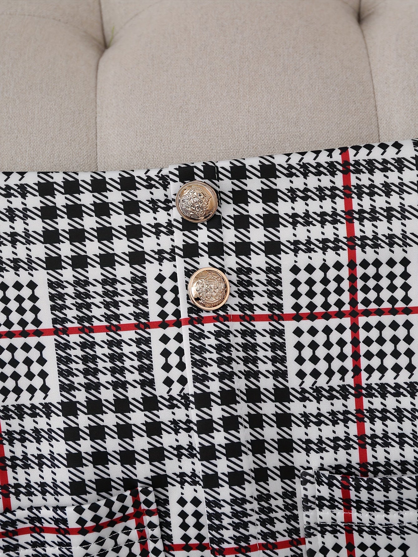 Two-piece plaid blazer and mini skirt set with gold buttons for women