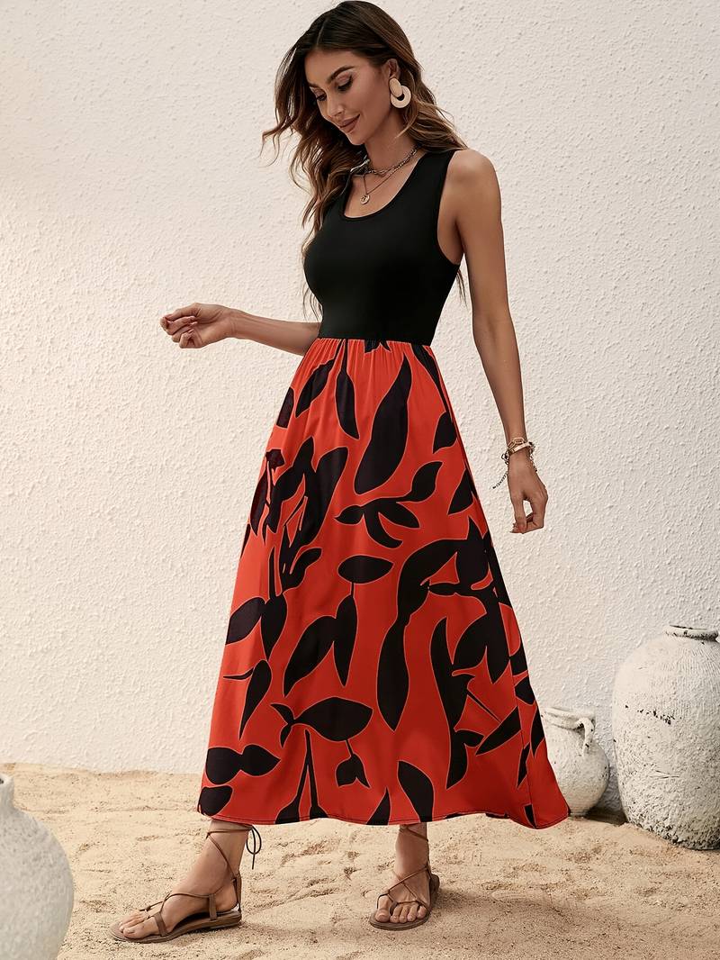 Women's Sleeveless Maxi Dress - Fitted Top - Flowy Botanical Print Skirt - Lightweight