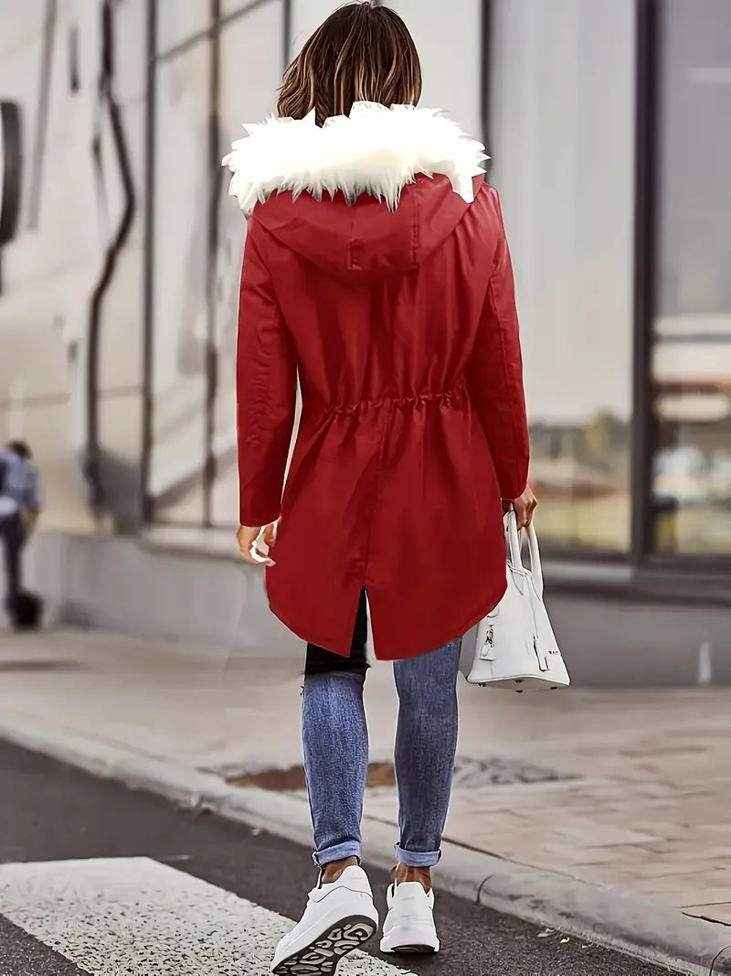 Women's hooded cotton coat with fur collar and waist tie