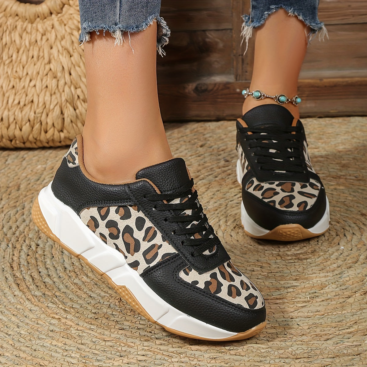 Women's Sneakers - Chunky Sole - Lace-Up - Faux Leather & Fabric - Animal Print