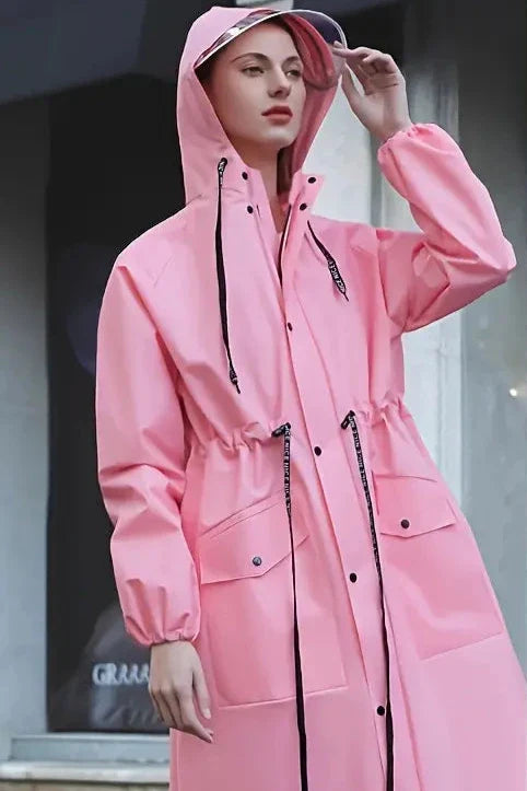 Women's long raincoat with hood and pockets
