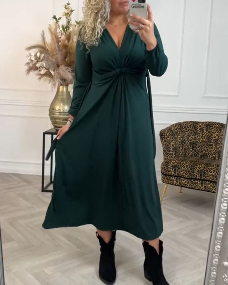Women's Midi Dress - V-Neck Long Sleeve - Ruched Waist Elegant Flowy Fit