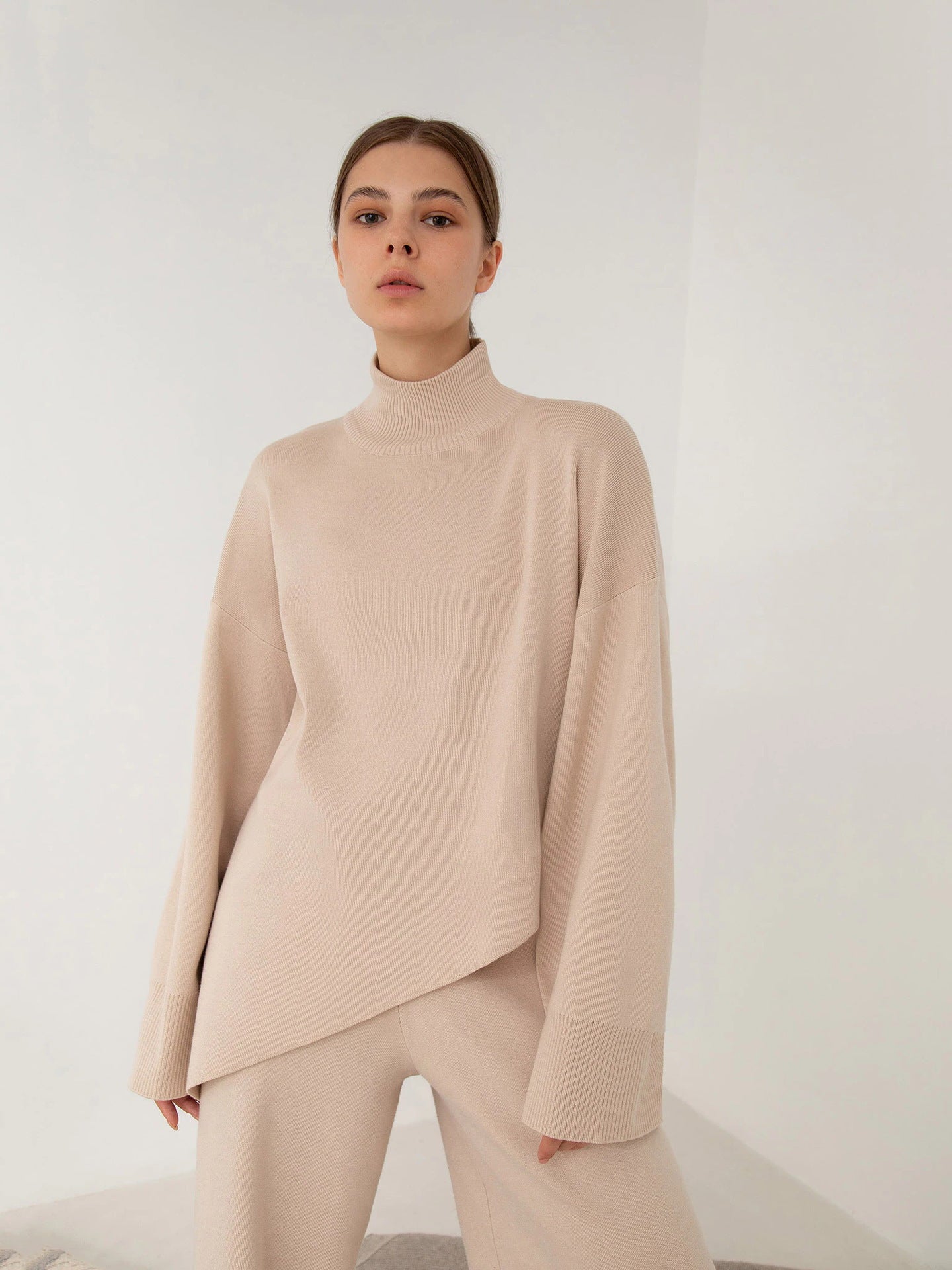 Women's irregular sweater and high waist wide leg knit pants set