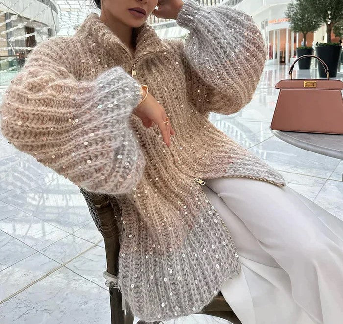 Women's Oversized Knitted Cardigan - Chunky Ribbed Texture - Sequin Embellished - Zip Up