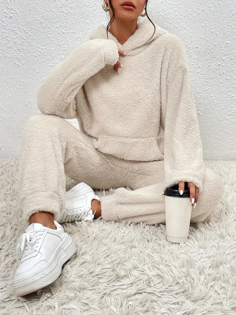 Women's autumn winter solid color hooded comfortable coat with pocket and casual pants