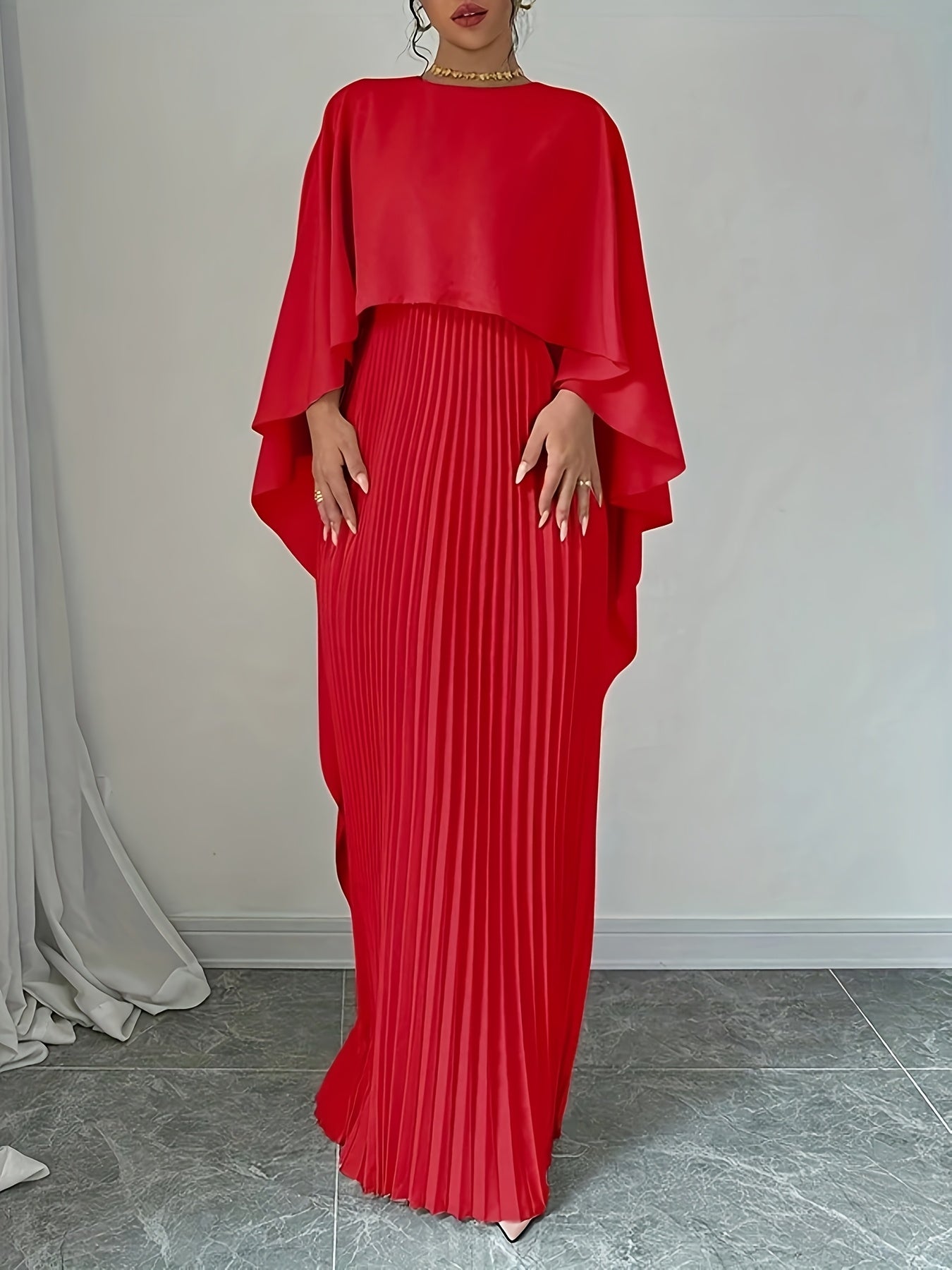 Elegant Pleated Maxi Cape Dress