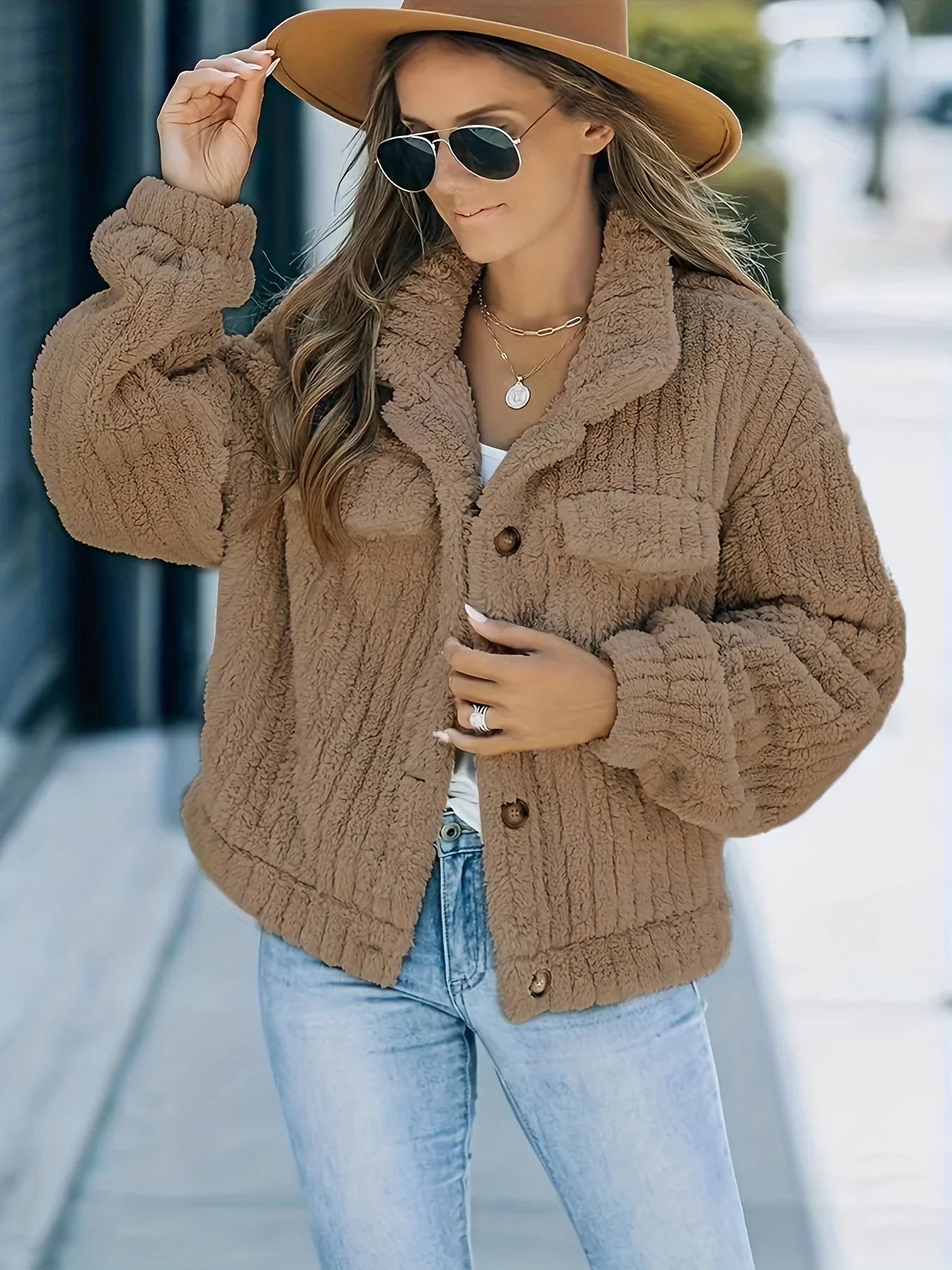 Women's thick ribbed plush lapel coat with pockets