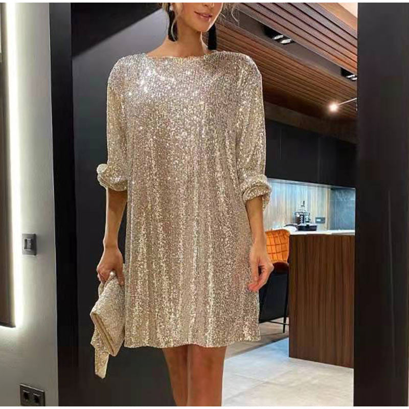 Women's Sequin Mini Dress - Long Sleeve - Round Neck - Belted Waist - Party Wear