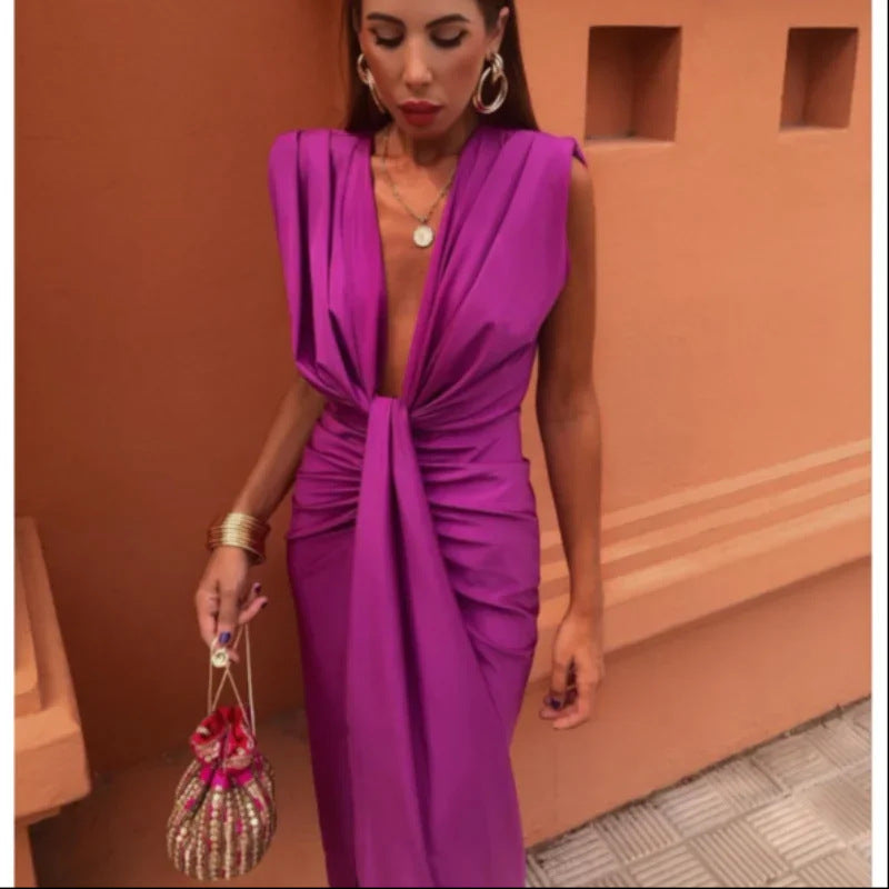 Women's Evening Gown - Deep V-Neck - Sleeveless - Waist Knot - Front Slit Elegant Dress