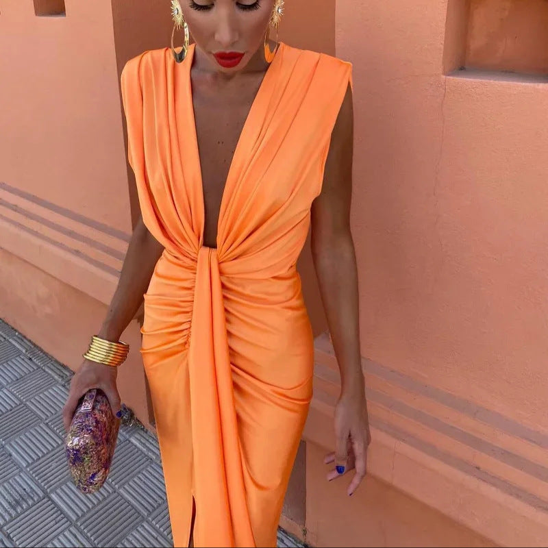 Women's Evening Gown - Deep V-Neck - Sleeveless - Waist Knot - Front Slit Elegant Dress
