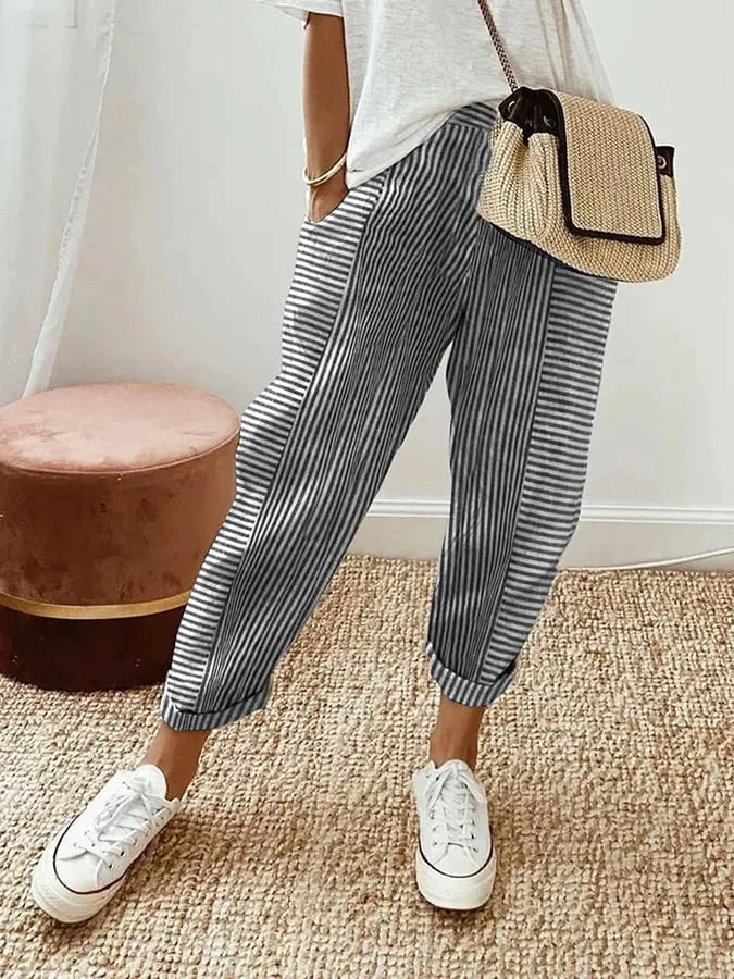 Women's Striped Pants - Loose Fit - Elastic Waist - Cuffed Hem Casual Wear