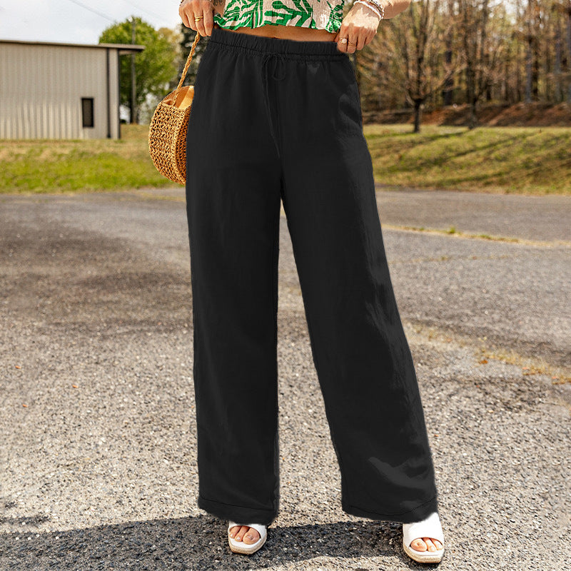 Women's Wide-Leg Pants - Cotton Linen Blend - Elastic Drawstring Waist - Relaxed Fit
