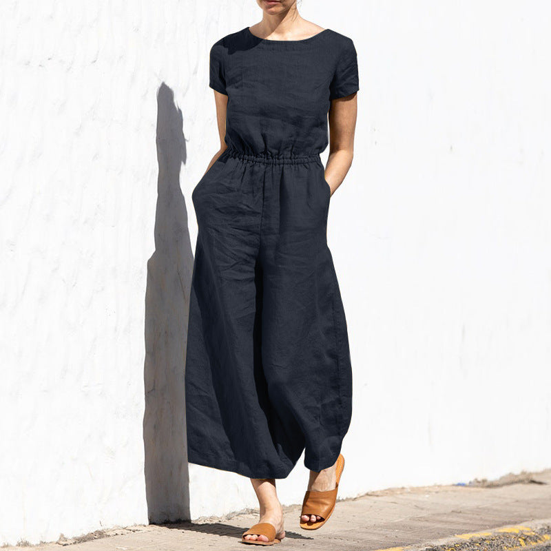 Women's Casual Wide-Leg Jumpsuit - Elastic Waist - Short Sleeve - Summer Style