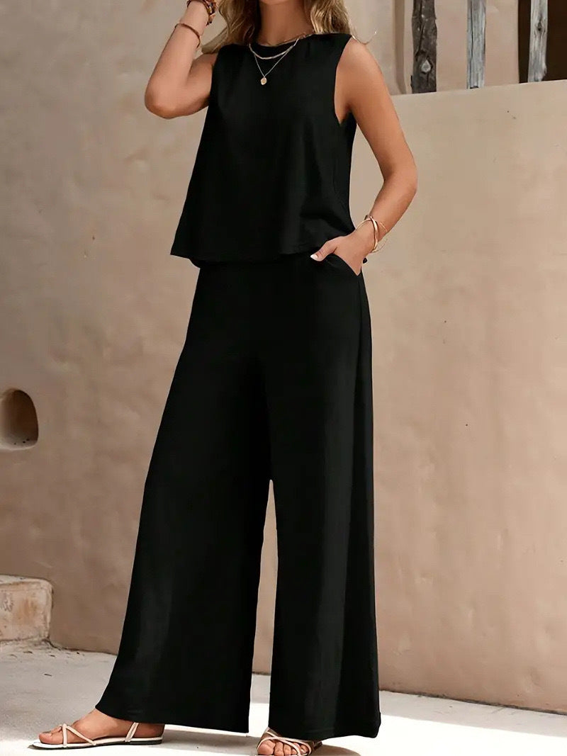Women's Two-Piece Set - Sleeveless Loose-Fit Top & Wide-Leg Pants - Comfortable Wear