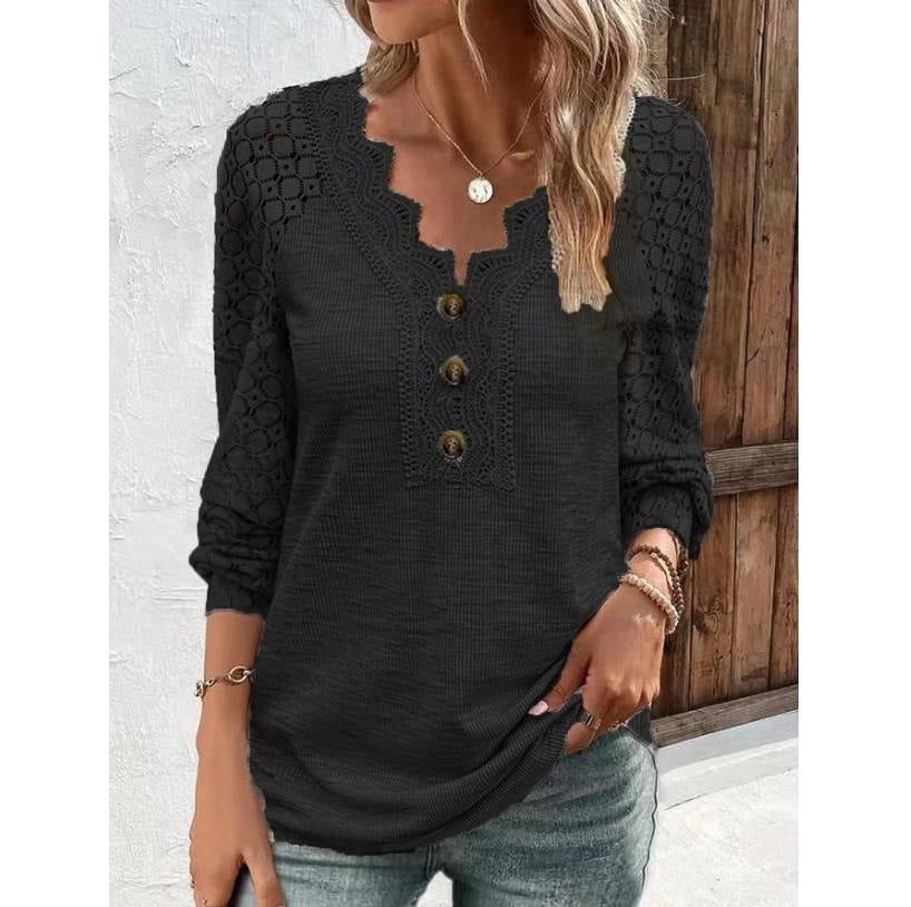 Women's Blouse - Long Sleeve V-Neck - Crochet Lace Detail - Button Down Elegant