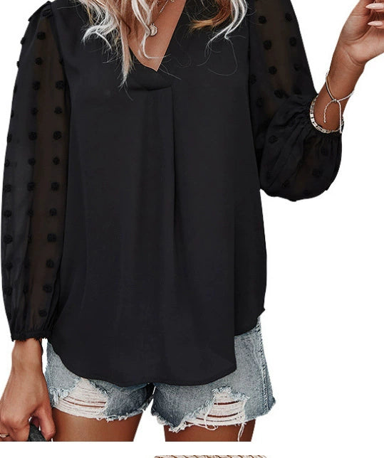 Women's Blouse - V-Neck - Sheer 3D Applique Sleeves - Relaxed Fit - Elegant Style