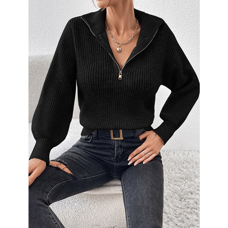 Miles - Zip-up knit pullover sweater with a high collar for women