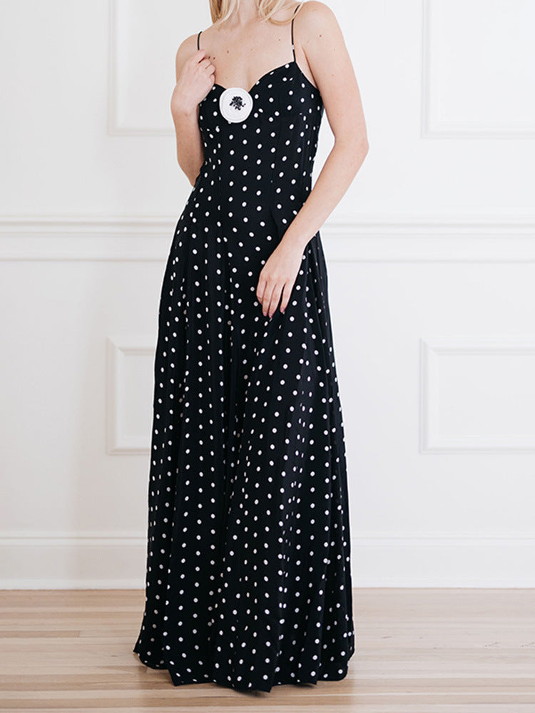 Polka dot V-neck sleeveless backless long dress for women