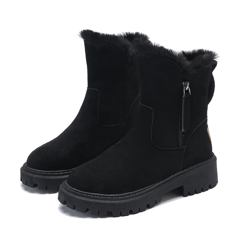 Women’s Mid-Calf Boots – Suede Upper – Faux Fur Lined – Chunky Treaded Sole – Side Zip