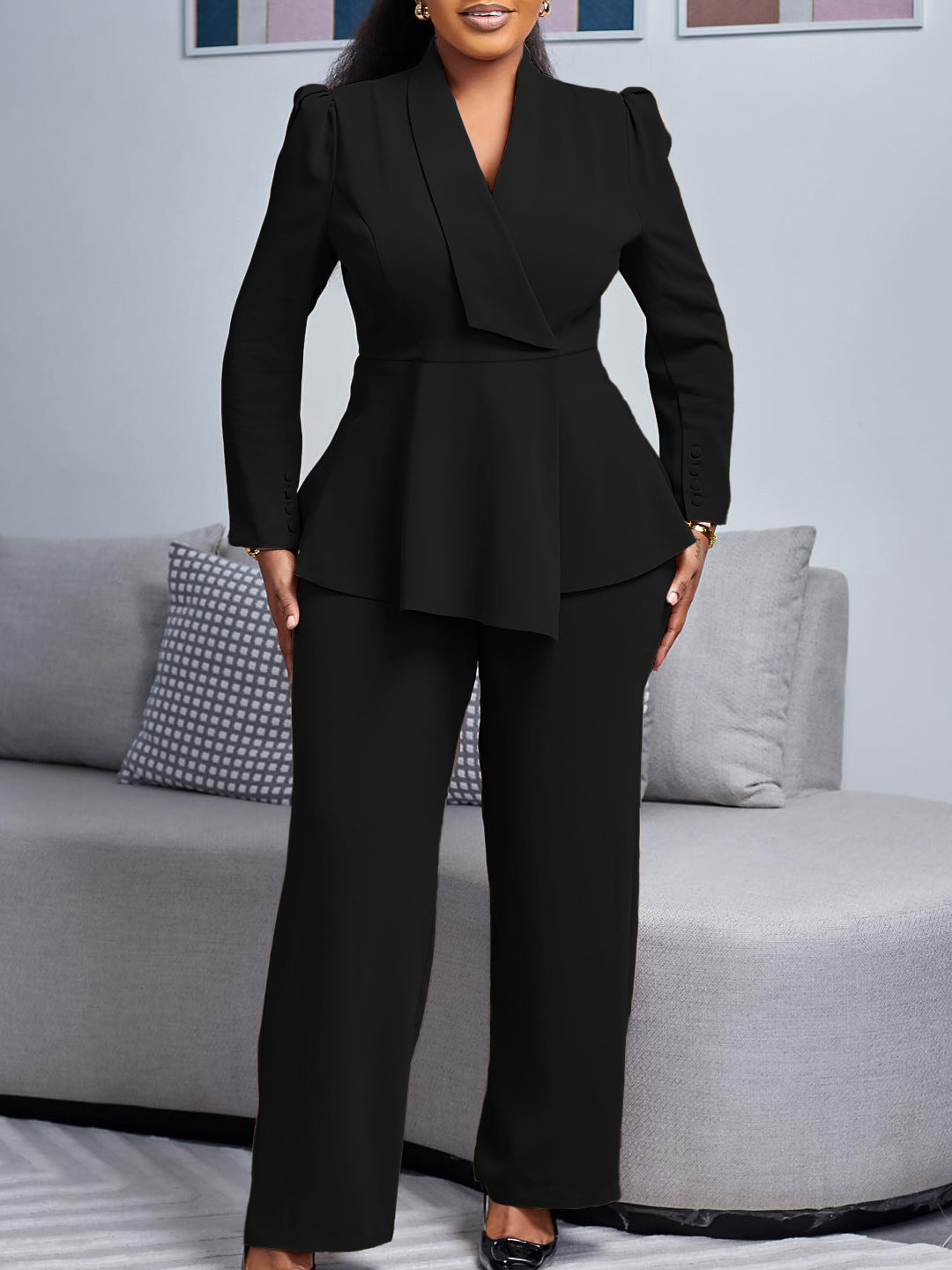 Women’s Pantsuit Set – Peplum Blazer with Shawl Collar – Wide-Leg High-Waist Trousers