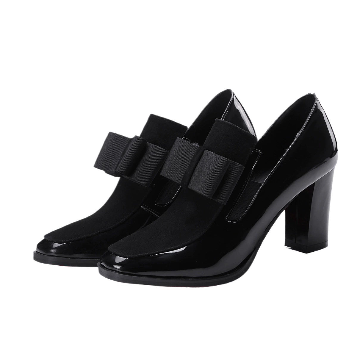 Women’s High Heel Shoes – Patent Leather – Block Heel – Pointed Toe – Bow Detail