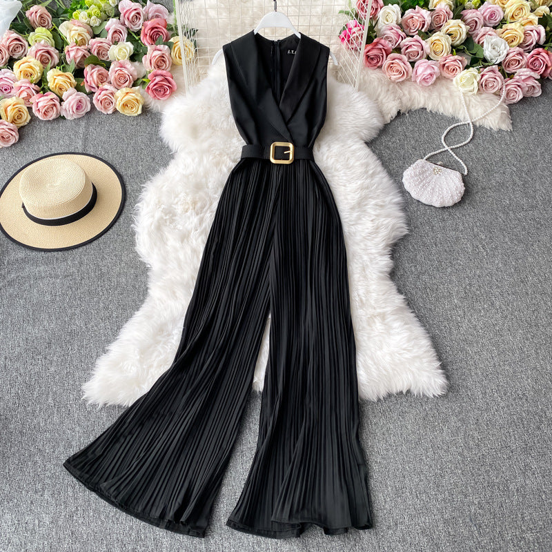Women's Sleeveless Jumpsuit - Deep V-Neck - Pleated Wide-Leg - Belted Waist Elegant Fit
