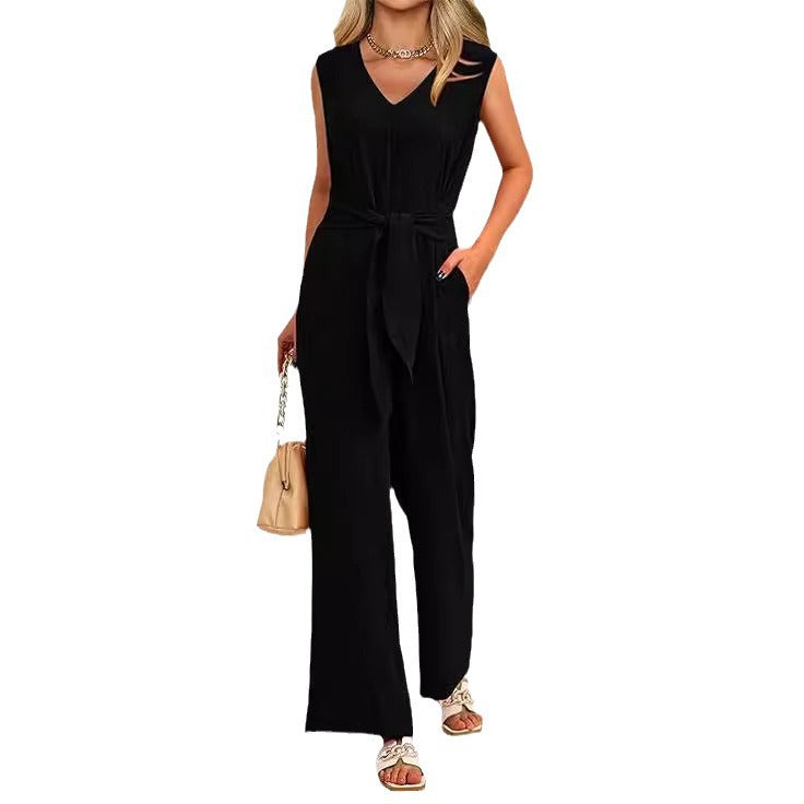 Women's Jumpsuit - V-Neck with Tie Waist - Elegant Wide-Leg Design