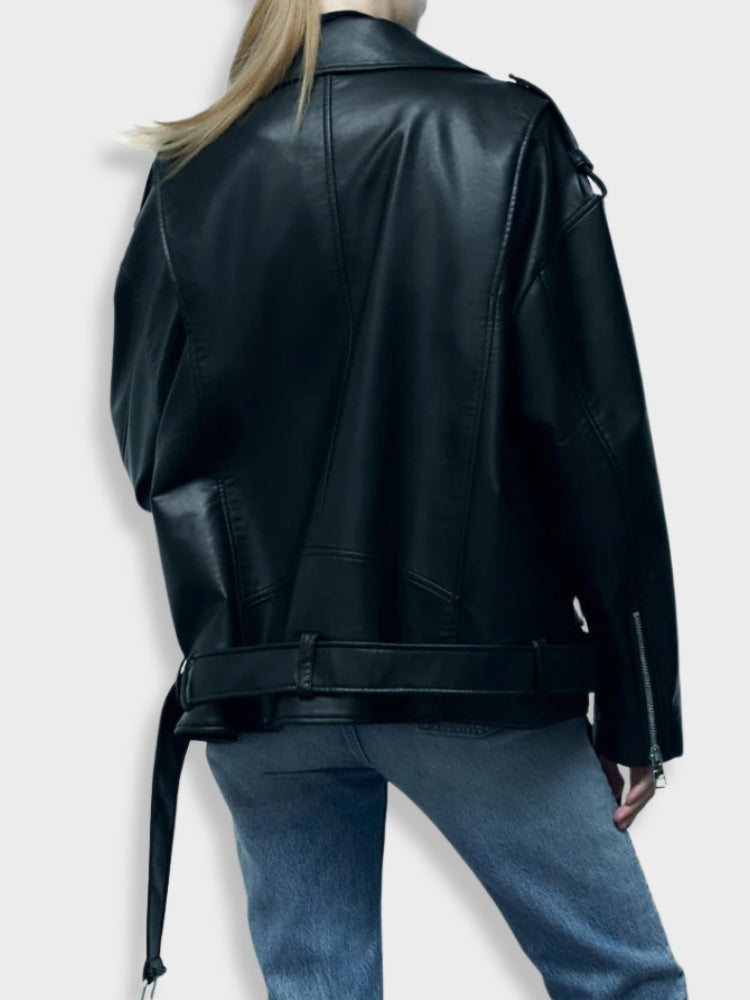 Women's Leather Biker Jacket - Wide Lapel - Asymmetrical Zipper - Belted Fit