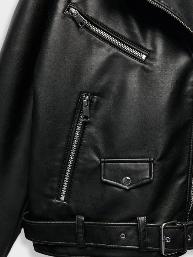 Women's Leather Biker Jacket - Wide Lapel - Asymmetrical Zipper - Belted Fit