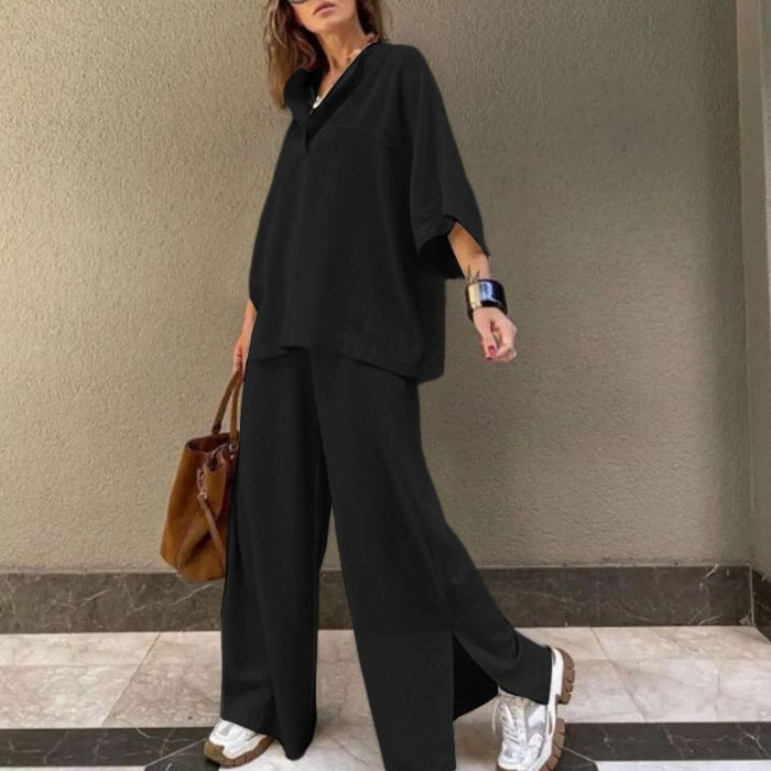 Women's lapel shirt with slit hem long pants set