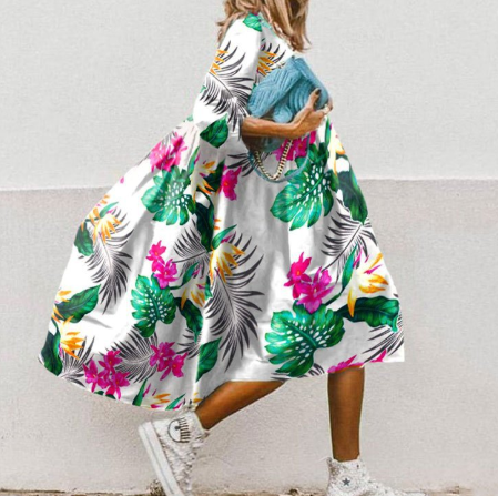 Women's Midi Dress - Oversized Floral Print - Relaxed Fit - Three-Quarter Sleeves