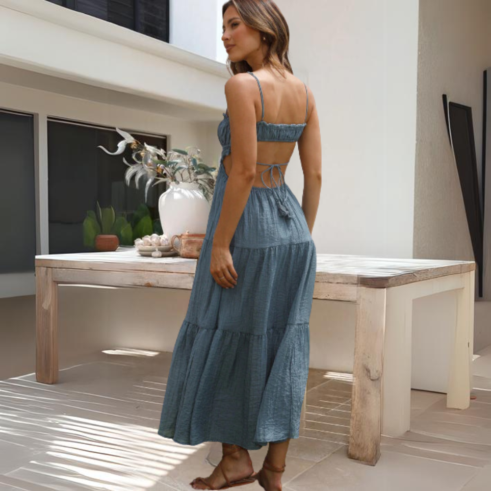 Smocked Bodice Flowing Maxi Dress with Straps