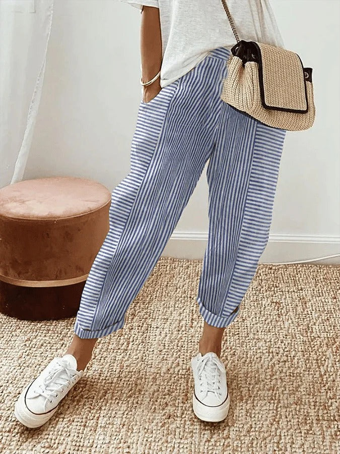 Women's Striped Pants - Loose Fit - Elastic Waist - Cuffed Hem Casual Wear