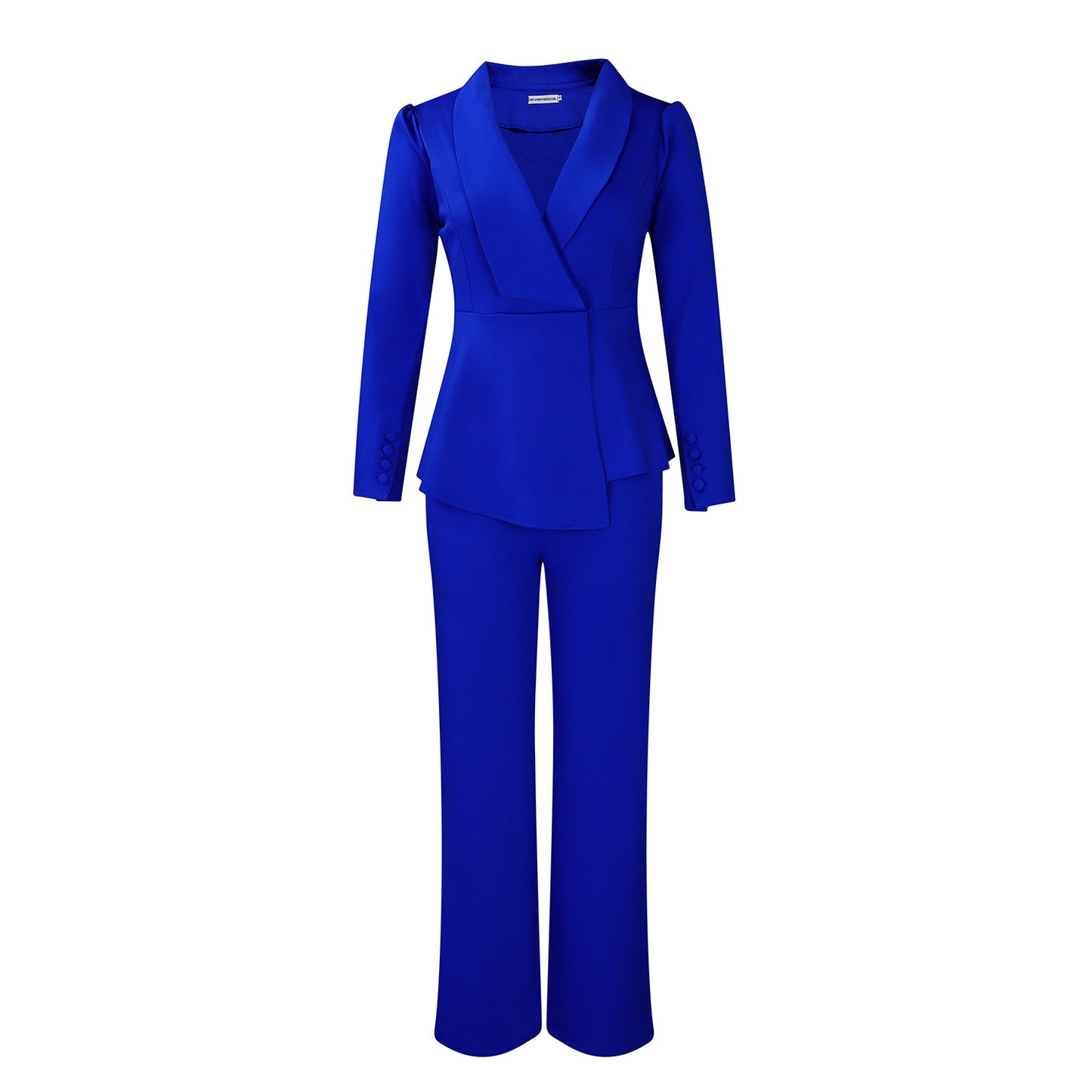 Women’s Pantsuit Set – Peplum Blazer with Shawl Collar – Wide-Leg High-Waist Trousers