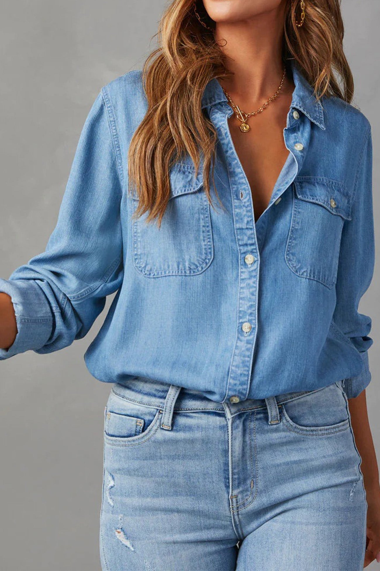 Women's Denim Shirt - Button-Up - Long Sleeve - Classic Collar - Casual Fit